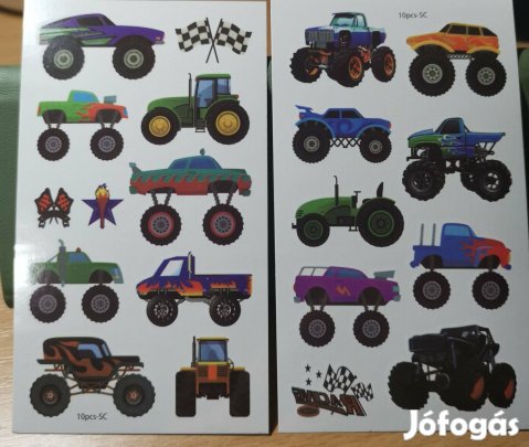 Monster Trucks és világító versenyautós tetováló matricák 20 ív