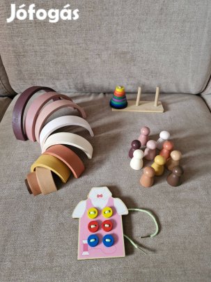 Montessori fa bábuk, alagút, torony, gombfelvarrás-cipőfűzés