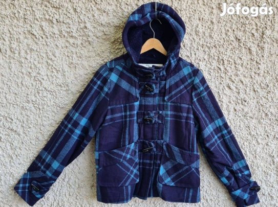 Moto gyapjú jellegű női m.kék/zöld kockás kapucnis bundás kabát (XL)