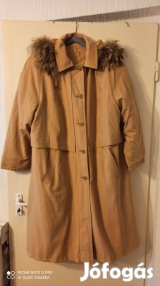 Mustársárga nagy méretű szőrmés, kapucnis hosszú télikabát