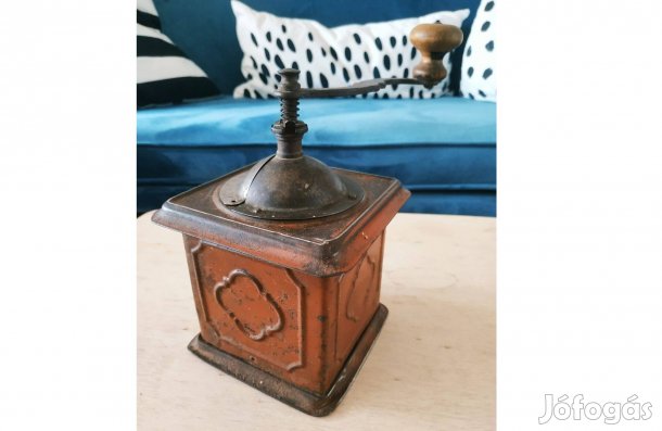 Mutatós antik, fém, kézi kávédaráló, fa fiókkal, fa fogantyúval, barna