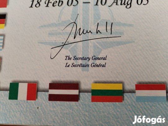 NATO kitüntetés adományozó papírja Balkán Medál 2005-ös