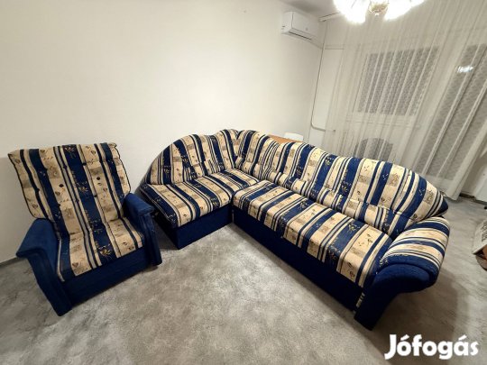 Nagy L alakú, ággyá nyitható sarokkanapé + Ajándék fotel kitisztítva