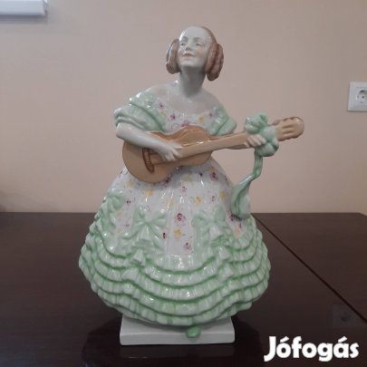 Nagy Zöld Herendi virágos ruhás Déryné porcelán figura 