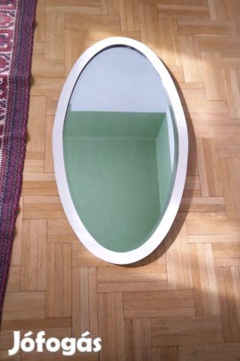 Nagy antik ovális metszett fózolt falitükör tükör fa keretben