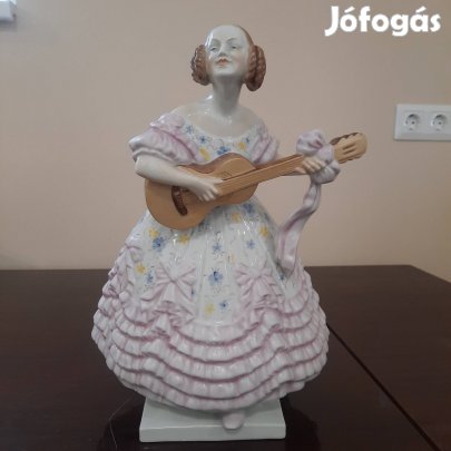 Nagy rózsaszín Herendi virágos ruhás Déryné porcelán figura 