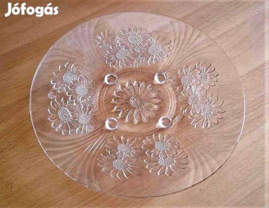 Nagy üveg kínáló tál 4 lábbal, virág motívumokkal
