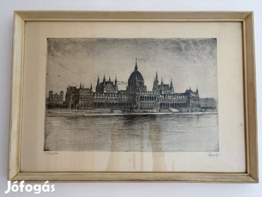 Nagyméretű Országház rézkarc, szignózott (Erdélyi), 425×605mm kerettel