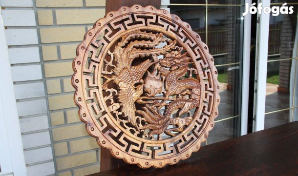 Nagyméretű faragás, falidísz, dísz sárkány és főnix