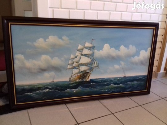 Nagyméretű festmény vászon kép tenger hajóval - dedikált