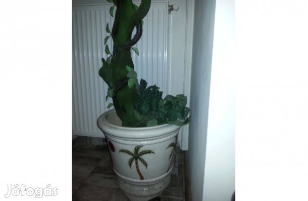 Nagyméretű kerámia virágtartó kaspó, trópusi pálma mintás, 52 X 50 cm