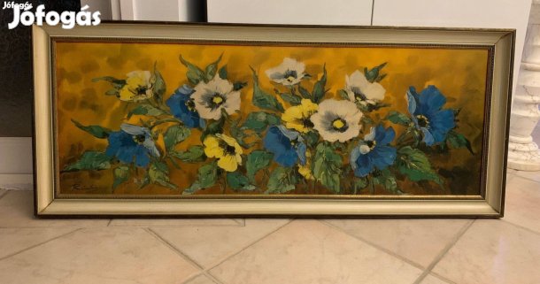 Nagyméretű olajfestmény virágcsendélet fa keret Memmel