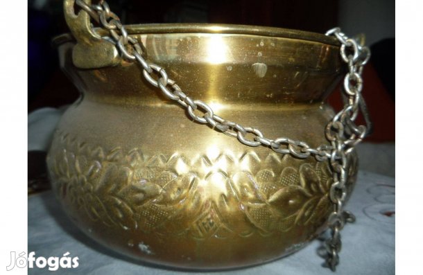 Nagyméretű réz kézműves kaspó virágtartó lánccal