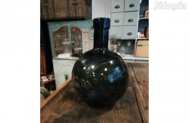 Nagyméretű unicumos üveg, zöld színű, sérült állapotú, dekoráció, 5l