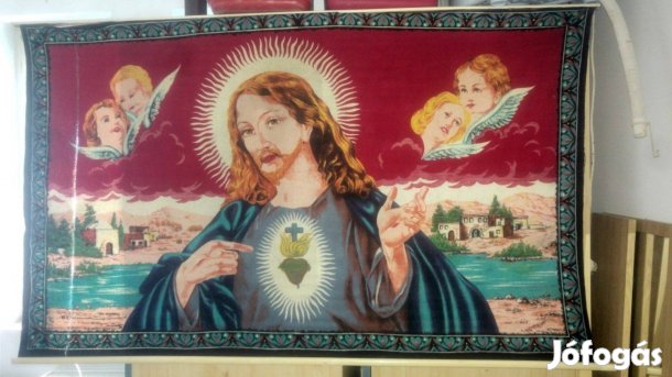 Nagyméretű vallásos szövetkép, lécre tűzve 130x80cm