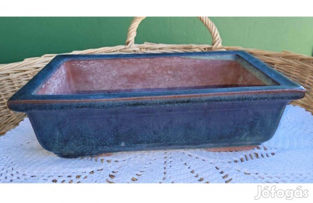Nagyobb méretű zöldes-kék mázas kerámia bonsai tál 14 x 23 cm
