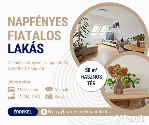 Napfényes, fiatalos 2+1 szobás lakás Nyíregyházán liftes házban