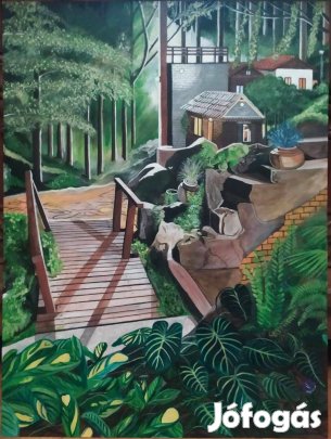 Napfényes este (60*80 cm. akril, a ház ablaka sötétben világít)