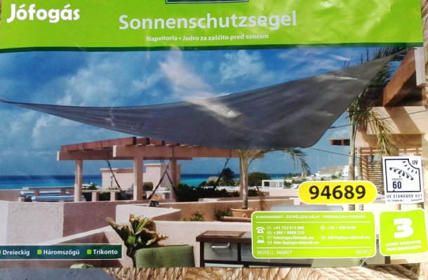 Napvitorla, UV 60 HDPE, Krém vagy antracit német minőség,415x415x415,Ú