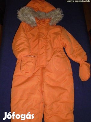 Narancssárga polár béléses overál 6-9 hó (méret 74) kapucni és kesztyű