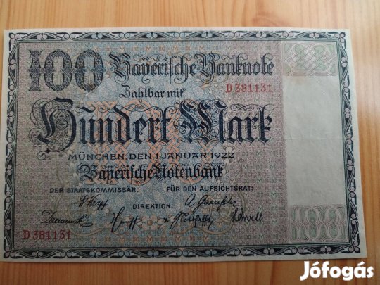 Német Bajor Birodalmi papírpénz 1922-es 100 márka