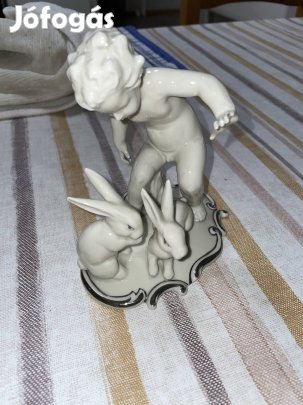 Német Porcelán Figura - Kisfiú nyulakkal (Hibátlan!)