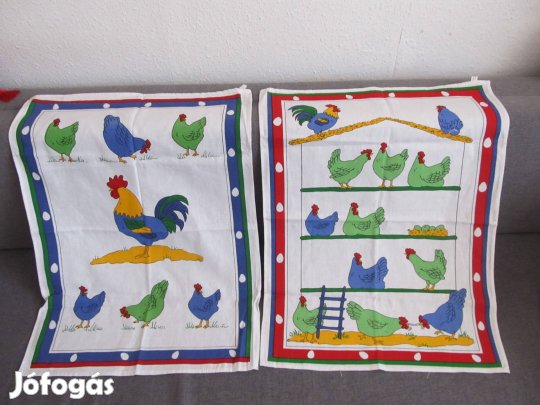 Német, kakas-tyúk mintás, pamut vászon konyharuha 2 db