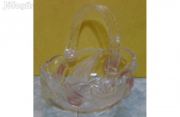 Német, tulipános dombormintás, kristály bonbontartó üvegkosár