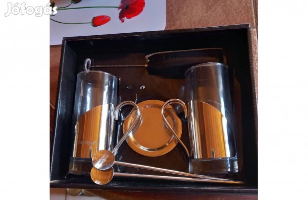Német fém-üveg Cappuccino készlet elemes tejhabosítóval - Új
