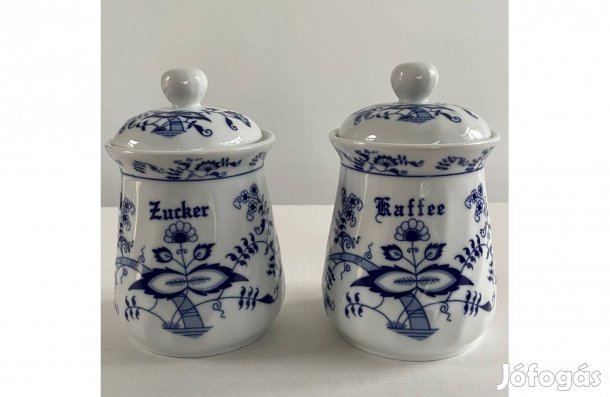 Német hagymamintás Zwiebelmuster porcelán fedeles cukortartó kávétartó