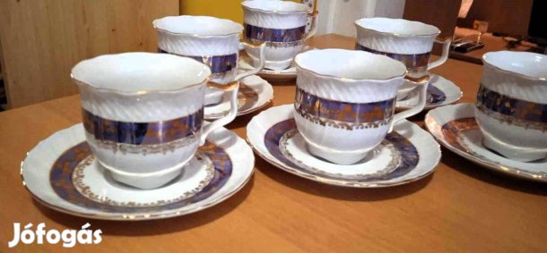 Német-magyar kávéskészlet, meseszép kobaltkék-arany díszítéses