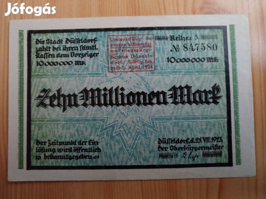 Német márka 10 Millió 1923-as papírpénz1924-es fellülbélyegz