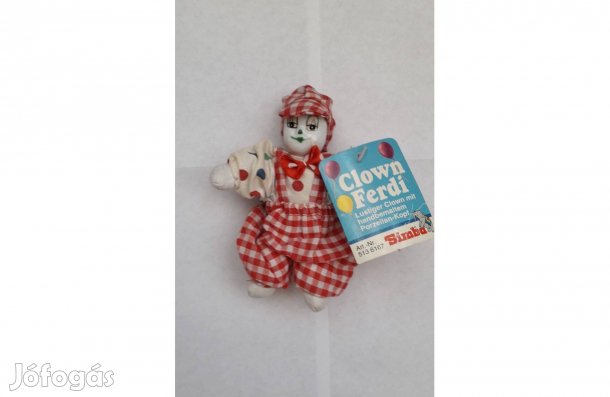 Német porcelán fejű bohóc játékfigura baba 14 cm_