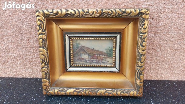 Németh György olaj-fa festmény tanyarészlet, életkép szekérrel, lovakk