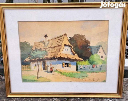 Neogrady Antal: Nádtetős parasztház akvarell,