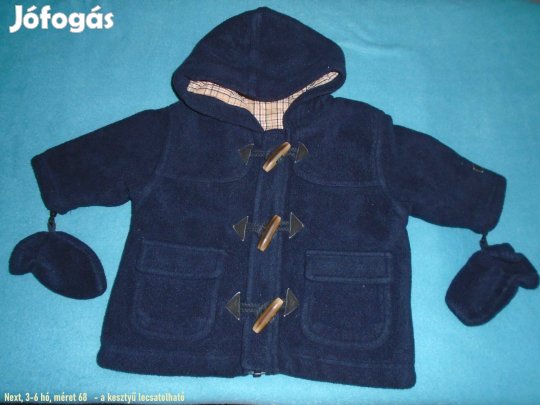 Next kék kapucnis téli kabát - kesztyűvel 3-6 hó (méret 68)