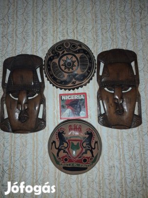 Nigériai fejmaszk párban plusz két fali díszpajzs