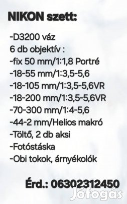Nikon fényképezőgép, több objektív, fotós táska. 