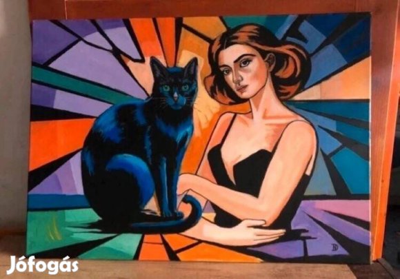 Nő fekete macskával - akril festmény