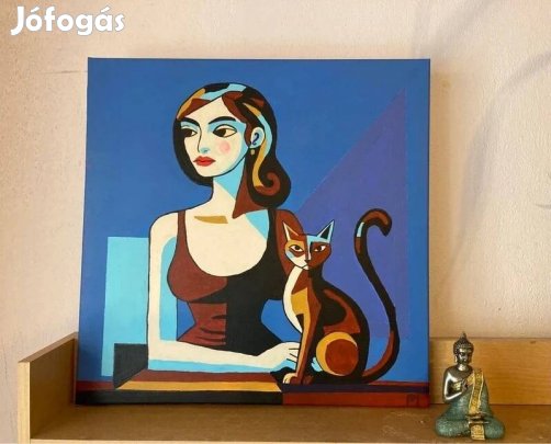 Nő macskával - akril festmény