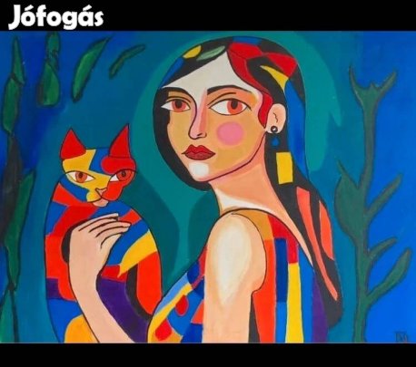 Nő macskával - festmény