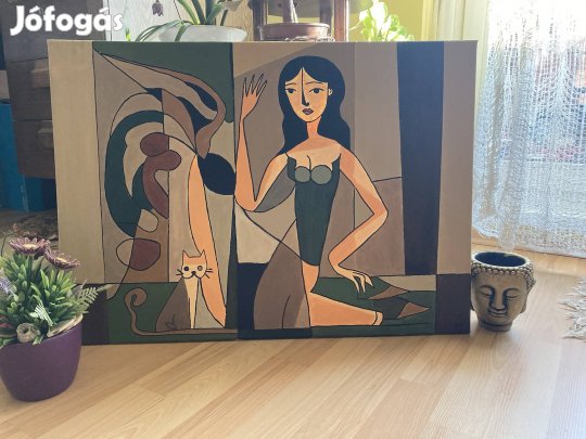 Nő macskával - kubista stílusú akril festmény