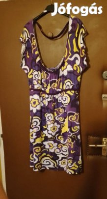 Női 42-44-méretű nyári ruha,lila-sárga mintás,pamut-elasztán!/65