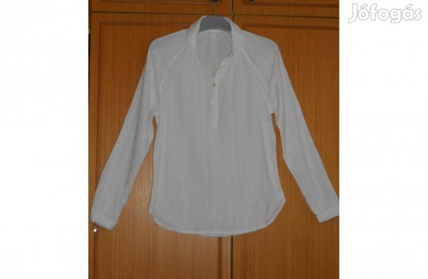 Női fehér blúz, divatos, fémszálas, gyűrt pamut. Kb: 38, S-es
