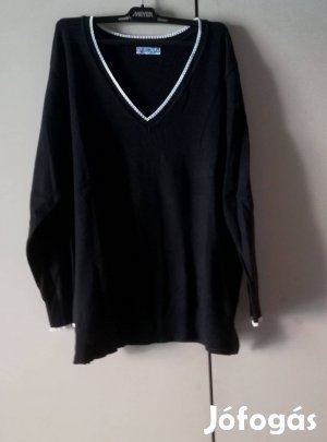 Női fekete V nyakú pulcsi,fehér szegéllyel,46-méret!/66