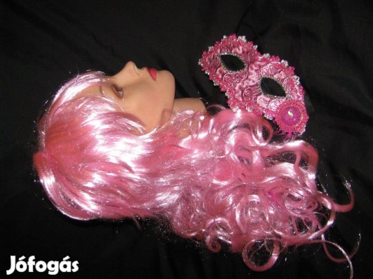 Női jelmez paróka új 60 cm dús rózsaszín álom ajándék álarc is
