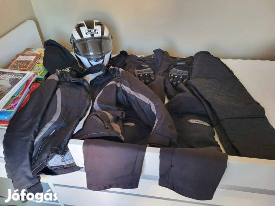 Női motoros szett: kabát, nadrág, sisak, kesztyű