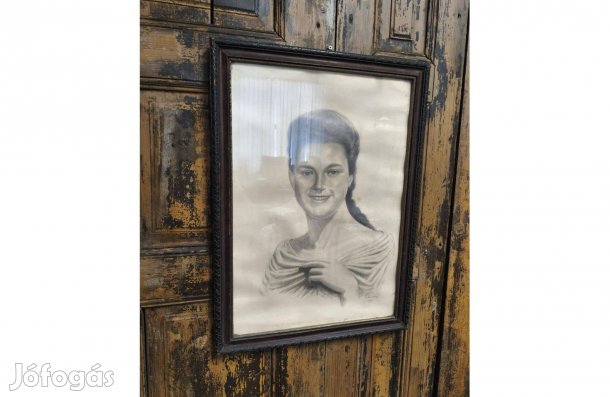 Női portré, jelzett ceruza rajz, 1952-ből