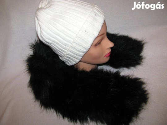 Női sál műszőrme sapkával új 80x12 dús kapucnira is jó szettben