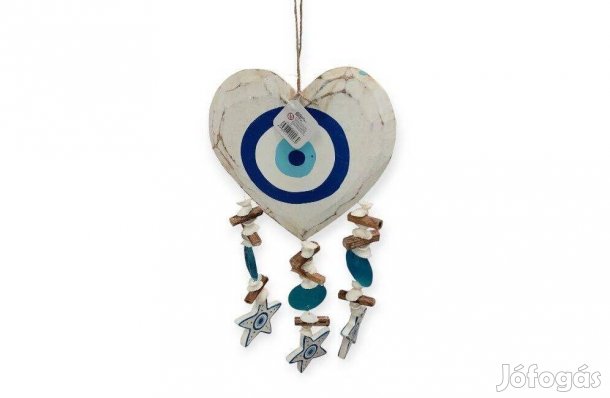 Nyári függő dekoráció fa szívvel és görög szemekkel